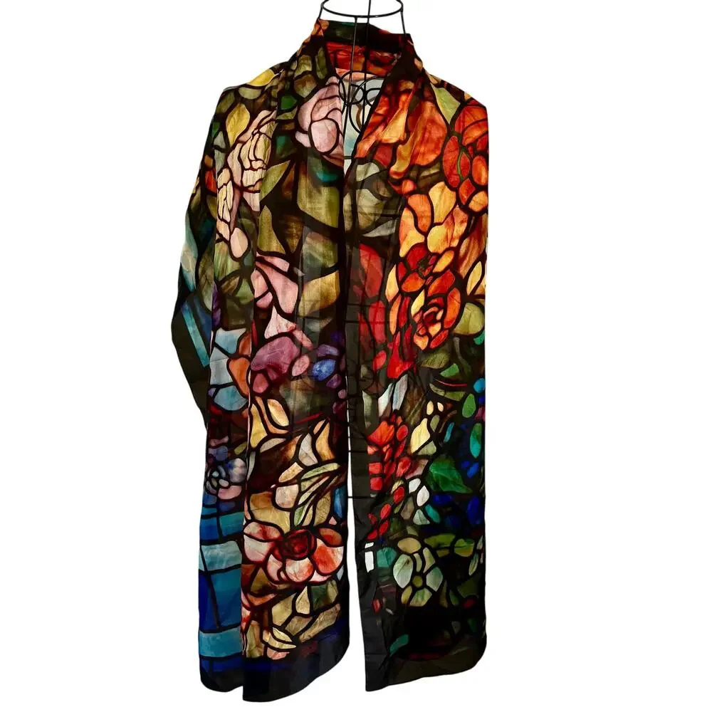 Vintage Signals 100% Silk Stained Glass Multicolor Art Print Scarf Wrap 42 x 76